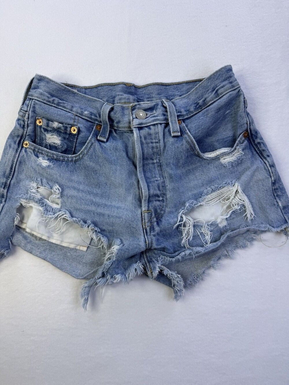 LEVI 501 Button-up Jean Short Distressed Ripped Denim Girls 26" Waist 1010